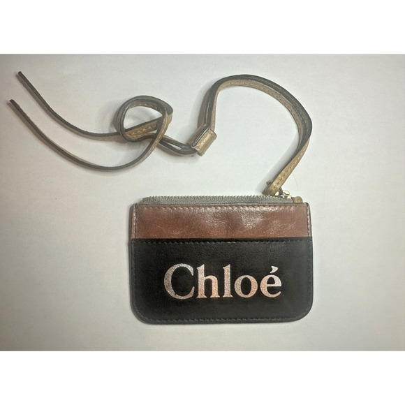 Chloe Auth Tan Black Zip Leather Coin Key Case 2 Slot Card Holder Wallet Zip H15 - Picture 1 of 9